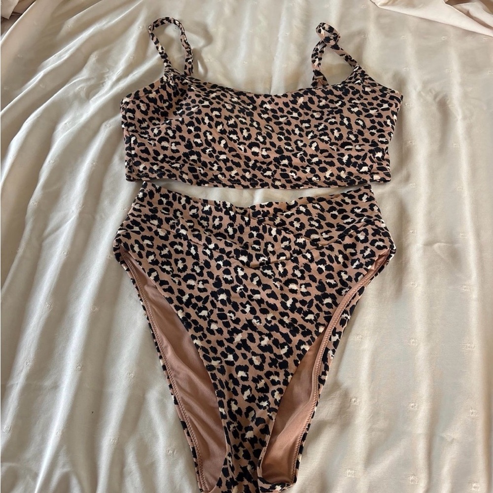 aerie Leopard Print High-Waist Bikini Set - Tan/Black